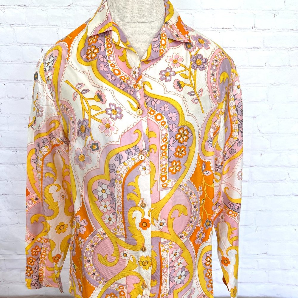 70's Funky Pink & Yellow Alex Coleman Blouse - Size Medium/Large